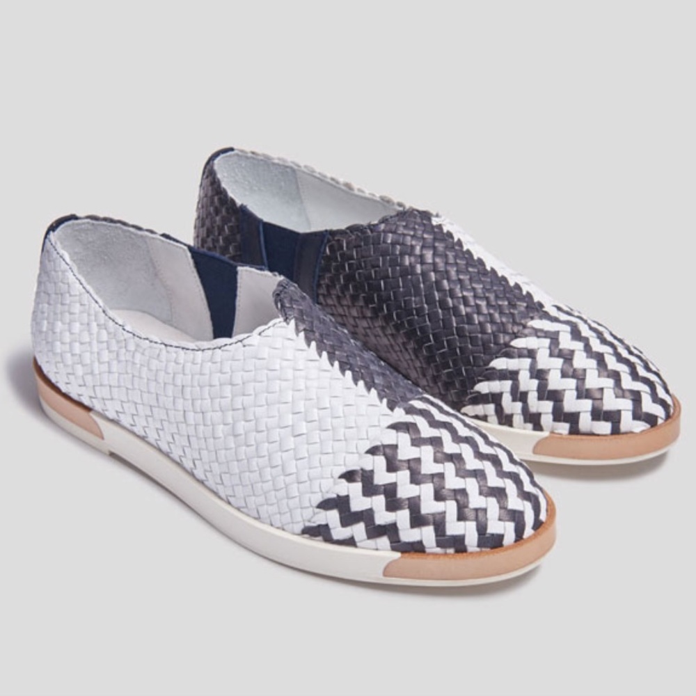 Miista Fleur Woven Leather White Navy Slip On Flats Loafer Shoes